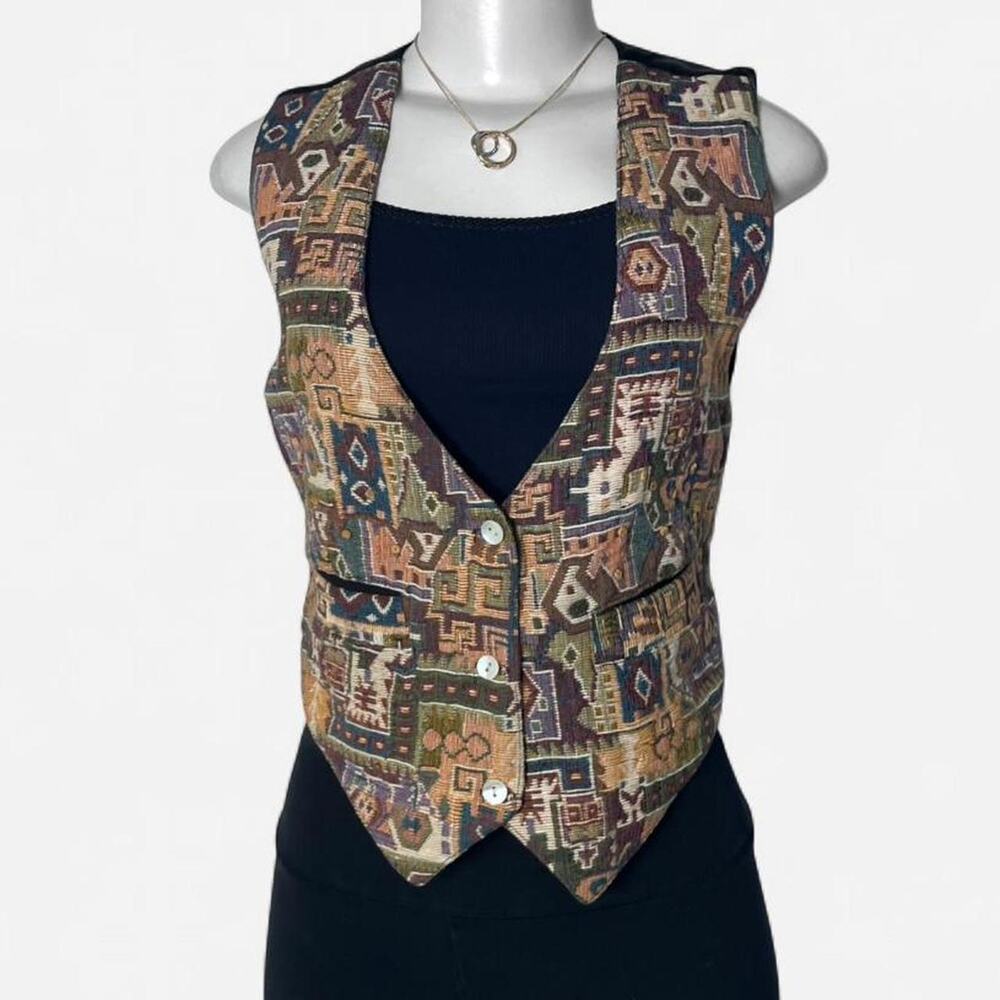 90s Vintage vest tapestry 100% cotton size small Western boho Granny grannie S